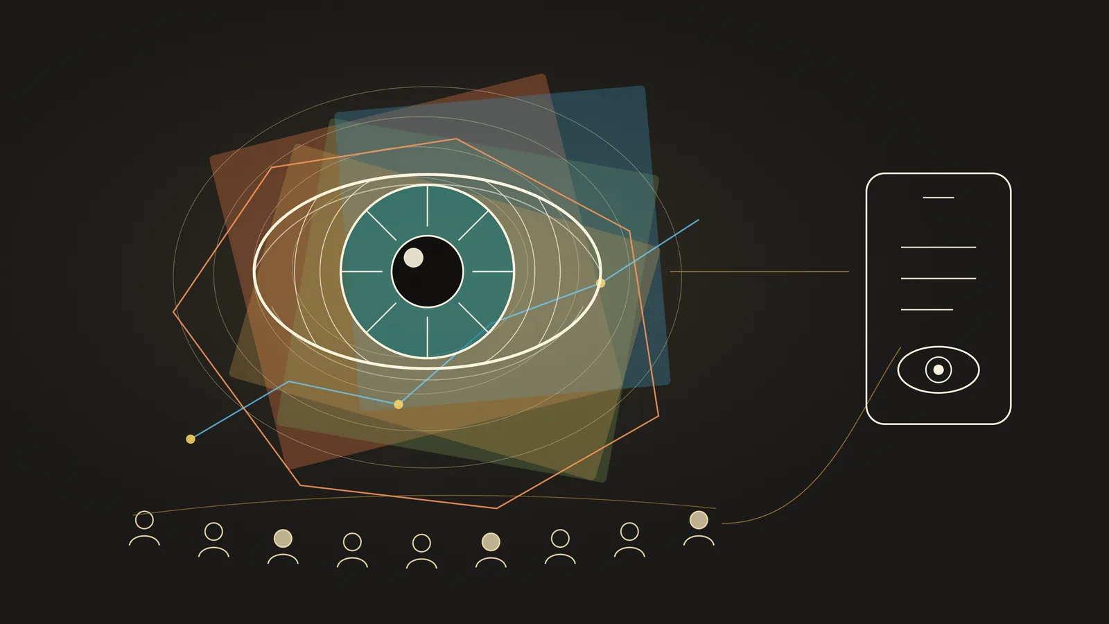 Ilustración de un ojo rodeado de gráficos de datos, junto a un teléfono y una fila de figuras de personas.