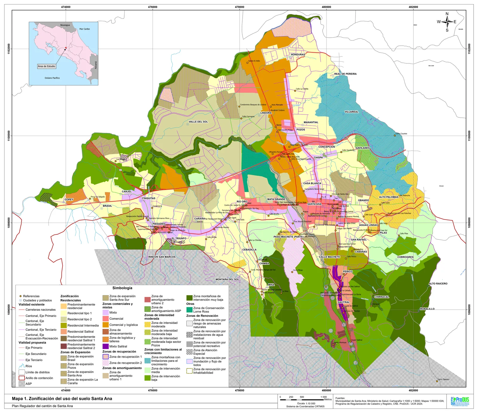 Mapa de zonificación del uso del suelo del cantón de Santa Ana, con las zonas residenciales, comerciales, de expansión, de recuperación y de conservación marcadas en colores distintos.