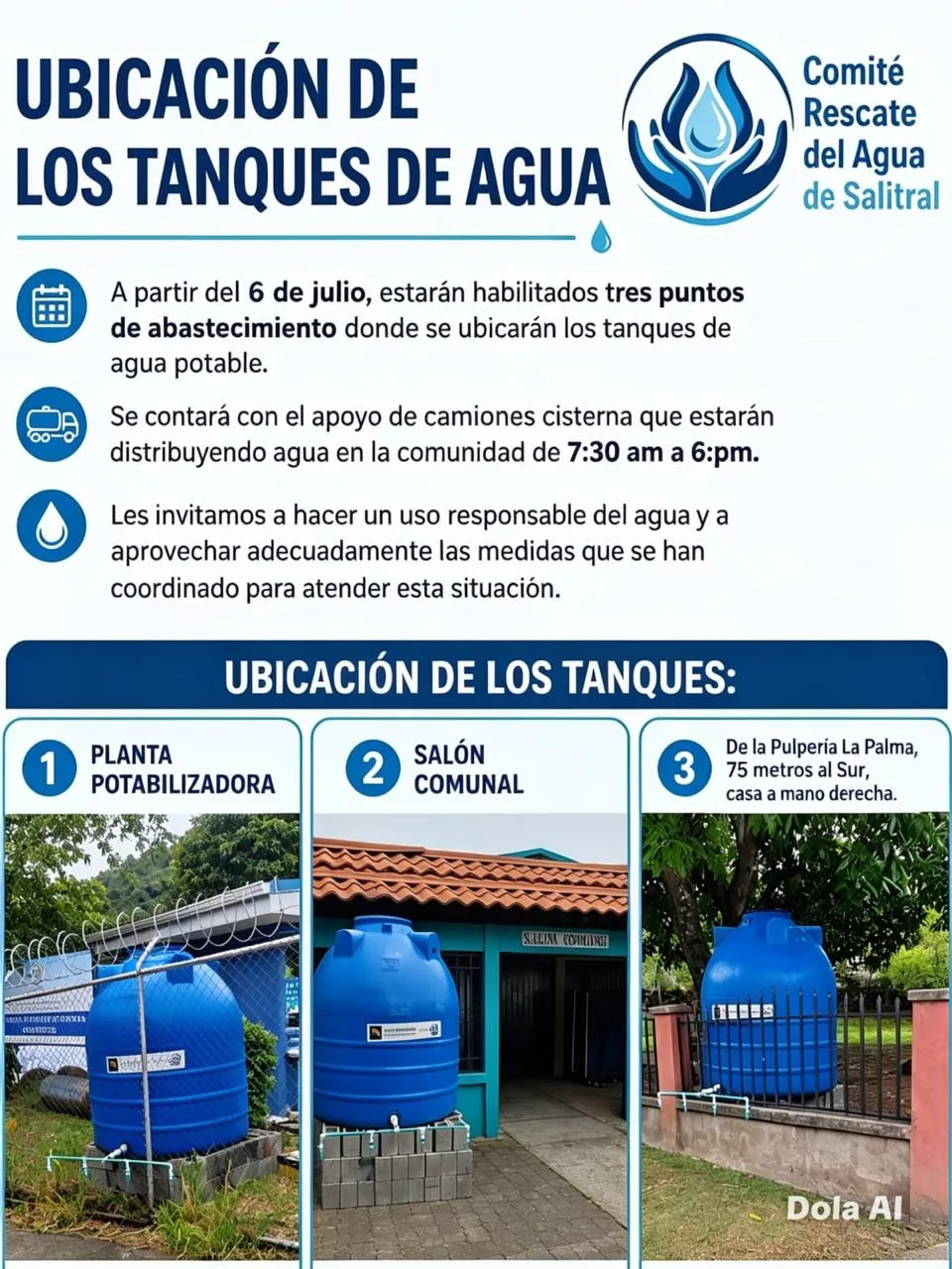 Afiche del Comité Rescate del Agua de Salitral con la ubicación de los tres tanques de agua potable —la planta potabilizadora, el salón comunal y 75 metros al sur de la pulpería La Palma— y el horario de las cisternas, de 7:30 a. m. a 6:00 p. m.