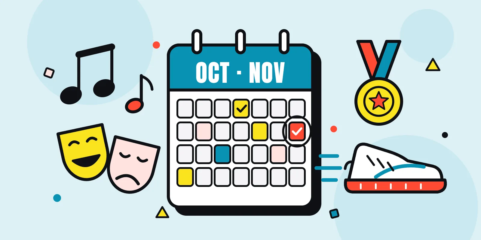 Ilustración: un calendario de octubre y noviembre rodeado de notas musicales, máscaras de teatro, una medalla y una zapatilla de correr.